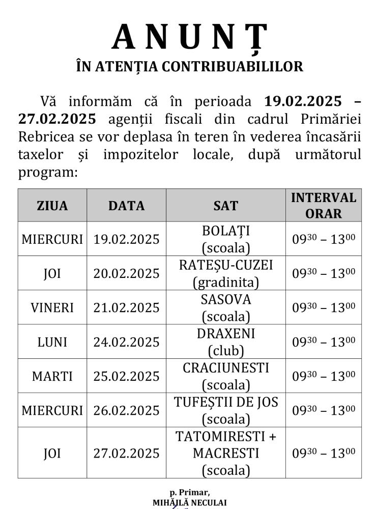 Anunț privind încasarea taxelor și impozitelor locale în perioada 19.02.2025 - 27.02.2025