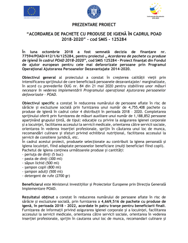 „ACORDAREA DE PACHETE CU PRODUSE DE IGIENĂ ÎN CADRUL POAD 2018-2020